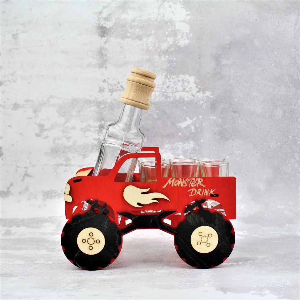 Štamperlíky s fľašou na stojane s motívom Monster truck
