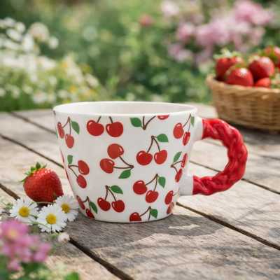 Hrnček porcelánový Čerešne 300 ml s ozdobným uškom Obrázok pre Hrnček porcelánový Čerešne 300 ml s ozdobným uškom