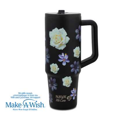 Termohrnček 900ml so slamkou BLACK FLORAL Obrázok pre Termohrnček 900ml so slamkou BLACK FLORAL