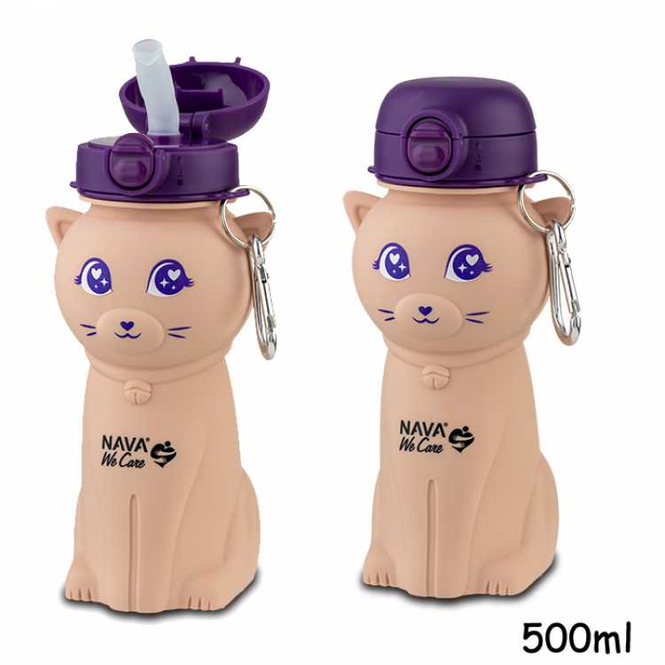 Obrázok pre NAVA fľaša pre deti silikónová 500 ml mačiatko so slamkou ružová