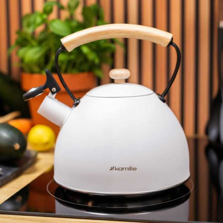 Obrázok pre Čajník nerezový 2,5 l biely s drevenou rukoväťou