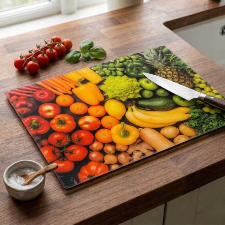 Obrázok pre Sklenená krájacia doska 25 x 35 cm – ovocie a zelenina