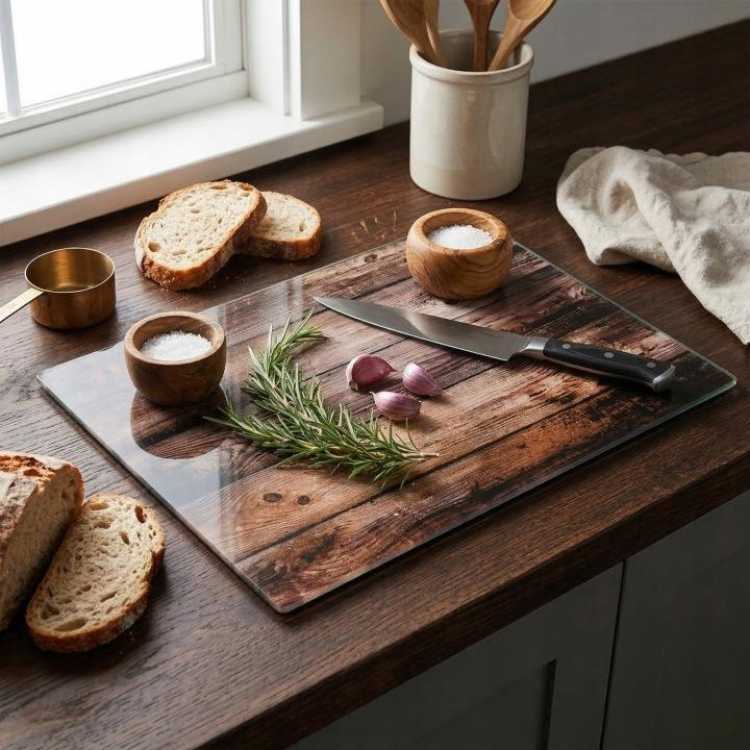 Obrázok pre Sklenená obdĺžniková krájacia doska 30 x 40 cm – s dreveným dizajnom
