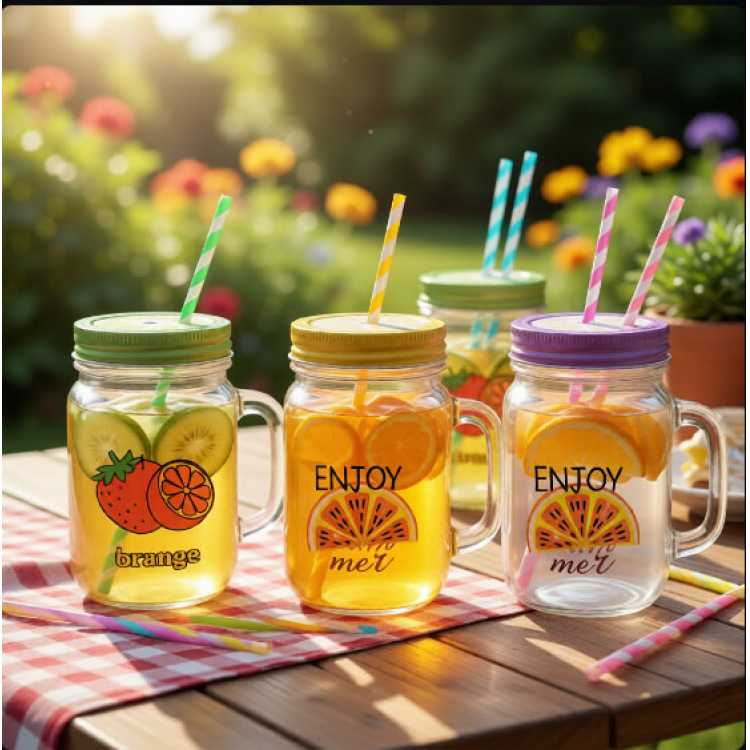 Obrázok pre Sklenený hrnček na limonádu s kovovým uzáverom 450ml
