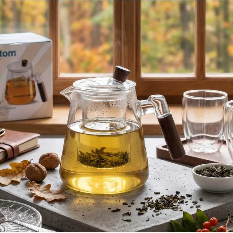 Obrázok pre Sklenený čajník s lúhovacím sitkom a dreveným prvkom 750 ml
